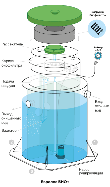 Схема устройства Евролос Био — три камеры, биофильтр, эжекторная аэрация