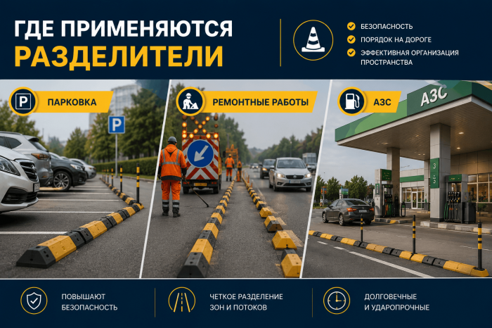 Где применяются разделители (парковка, ремонтные работы, АЗС).